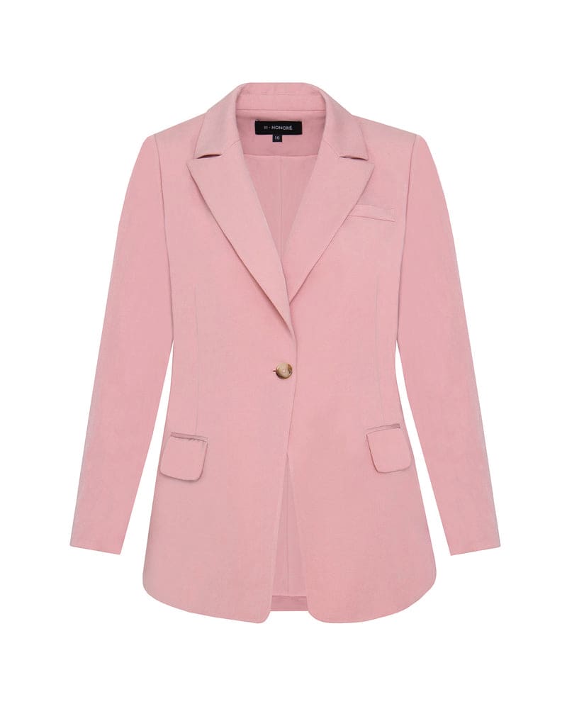 Front of a model wearing a size 12 Olivia Boyfriend Blazer in Pretty Pink by 11 Honoré Collection. | dia_product_style_image_id:314786